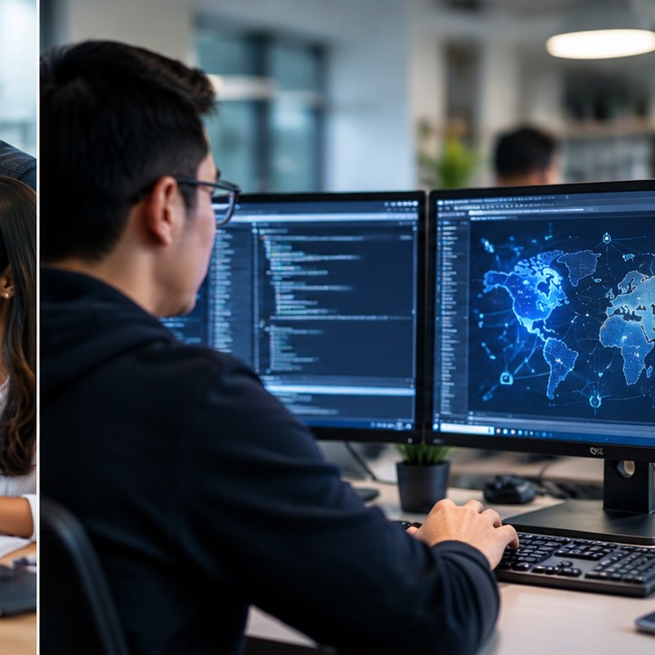 Illustration of a student exploring network systems and IT